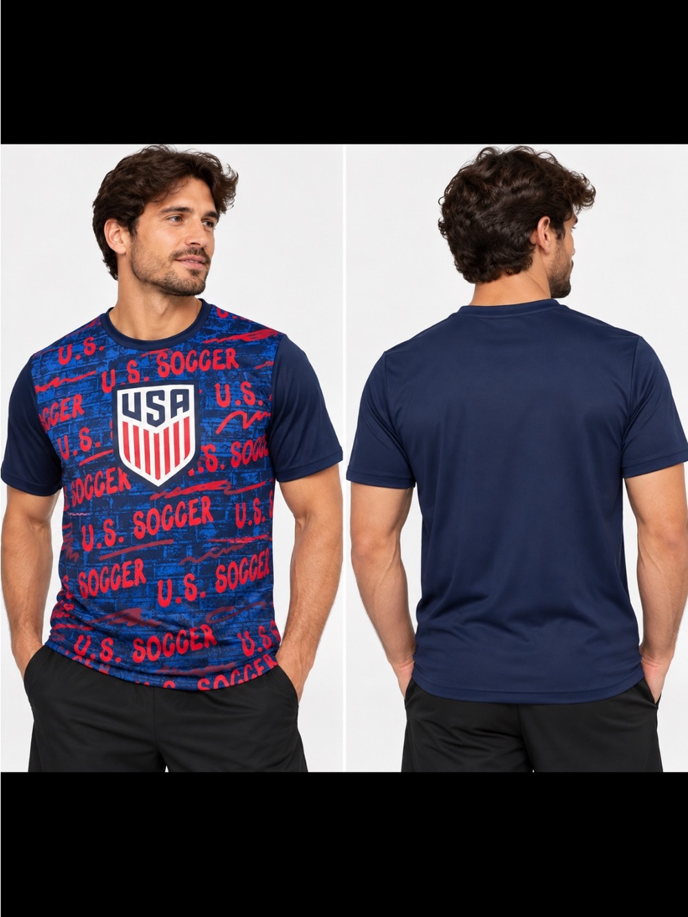 Title:
USA Soccer Men’s T-Shirt Navy Blue Red Graphic USA Shield Short Sleeve